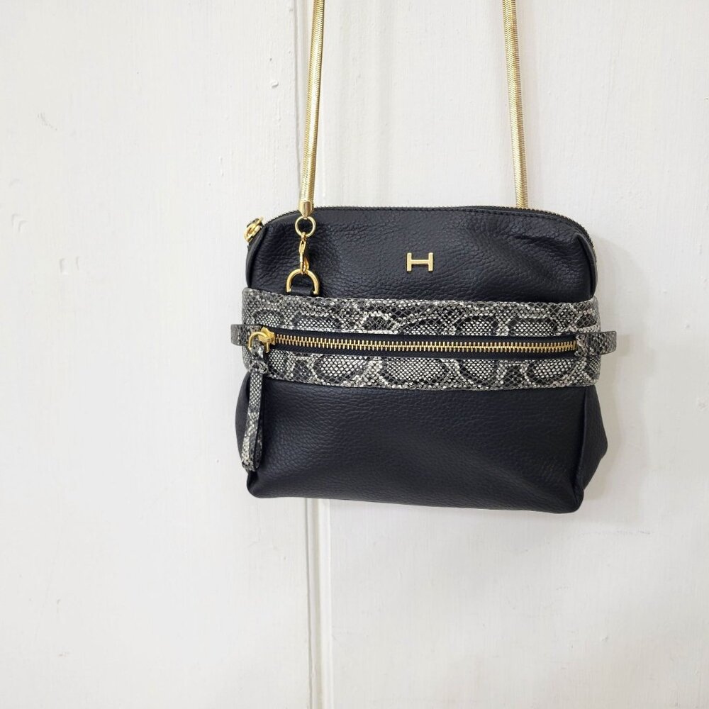 Vintage Halston Black Leather & Snake Print Crossbody Bag With Gold Accents - Picture 2 of 8
